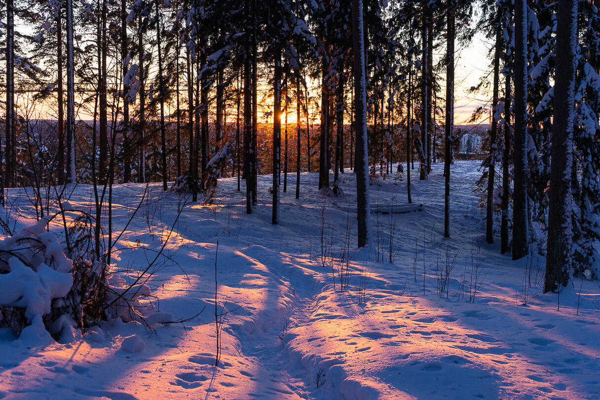 Talvinen auringonlasku Kangasalan Kirkkoharjulla
