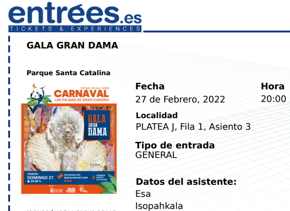 Las Palmasin karnevaalien 2022 pääsylippu