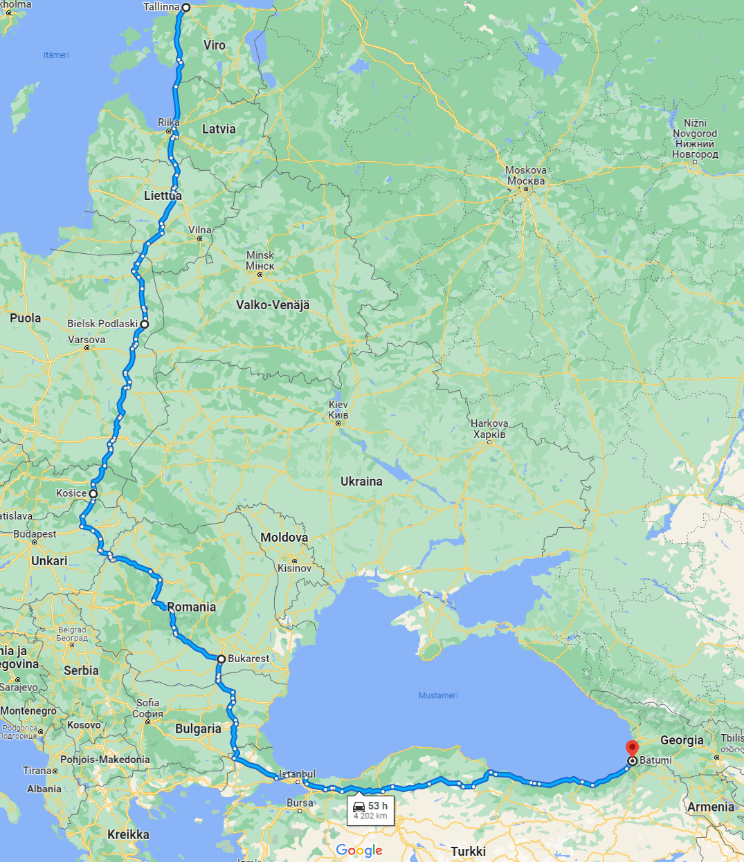 Tallinna-Batumi -ajoreitti Google-kartalla.